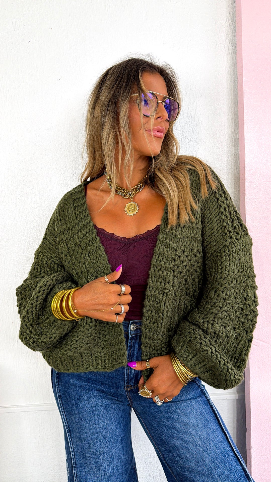 Thick Knit Chunky Cardigan, Olive Green