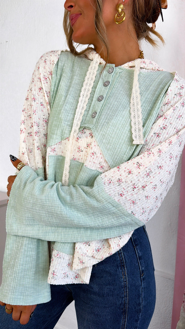 Camille Floral Long Sleeve Top, Sage/Natural