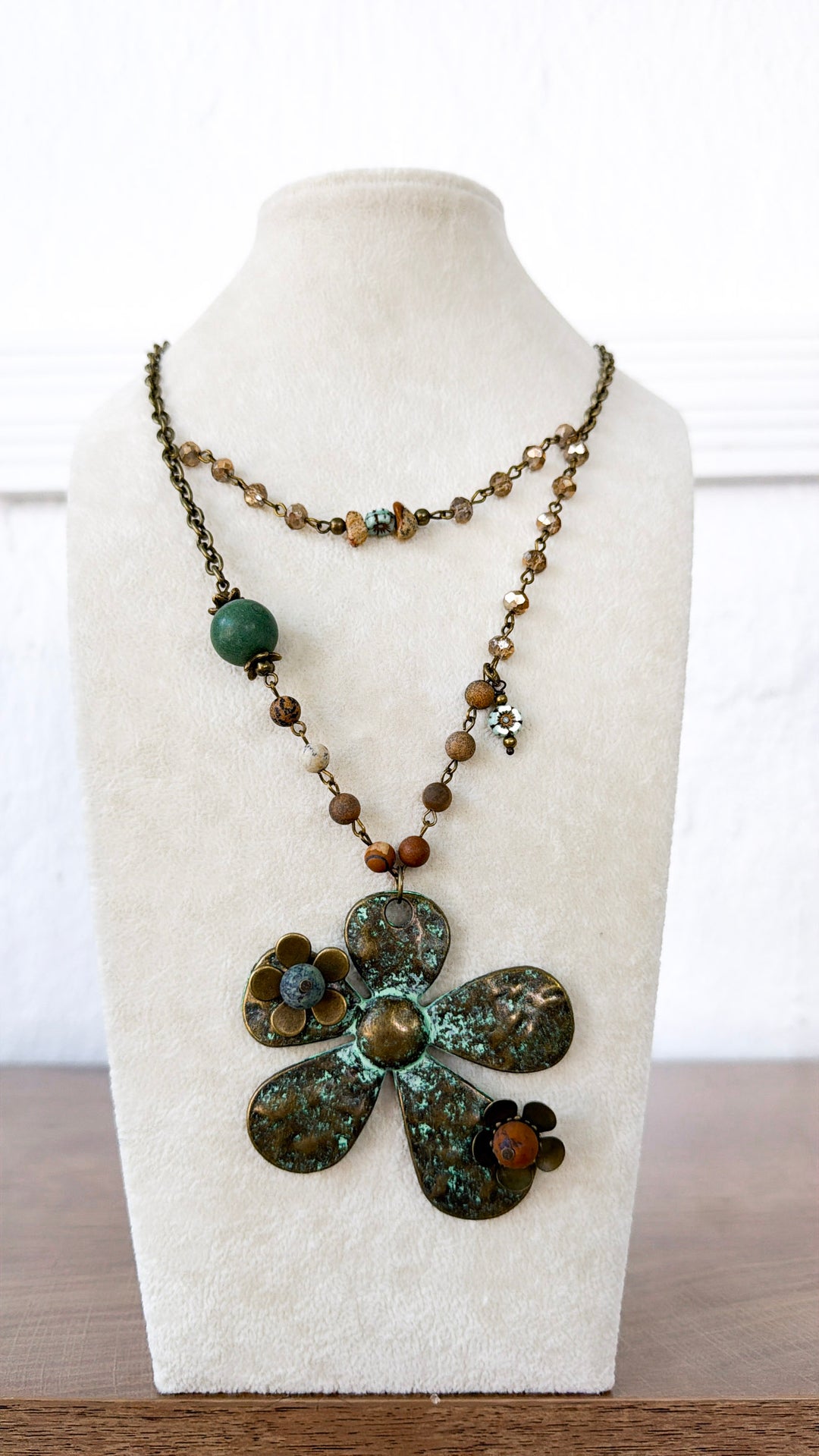 Patina 3D Flower & Czech Layered Necklace