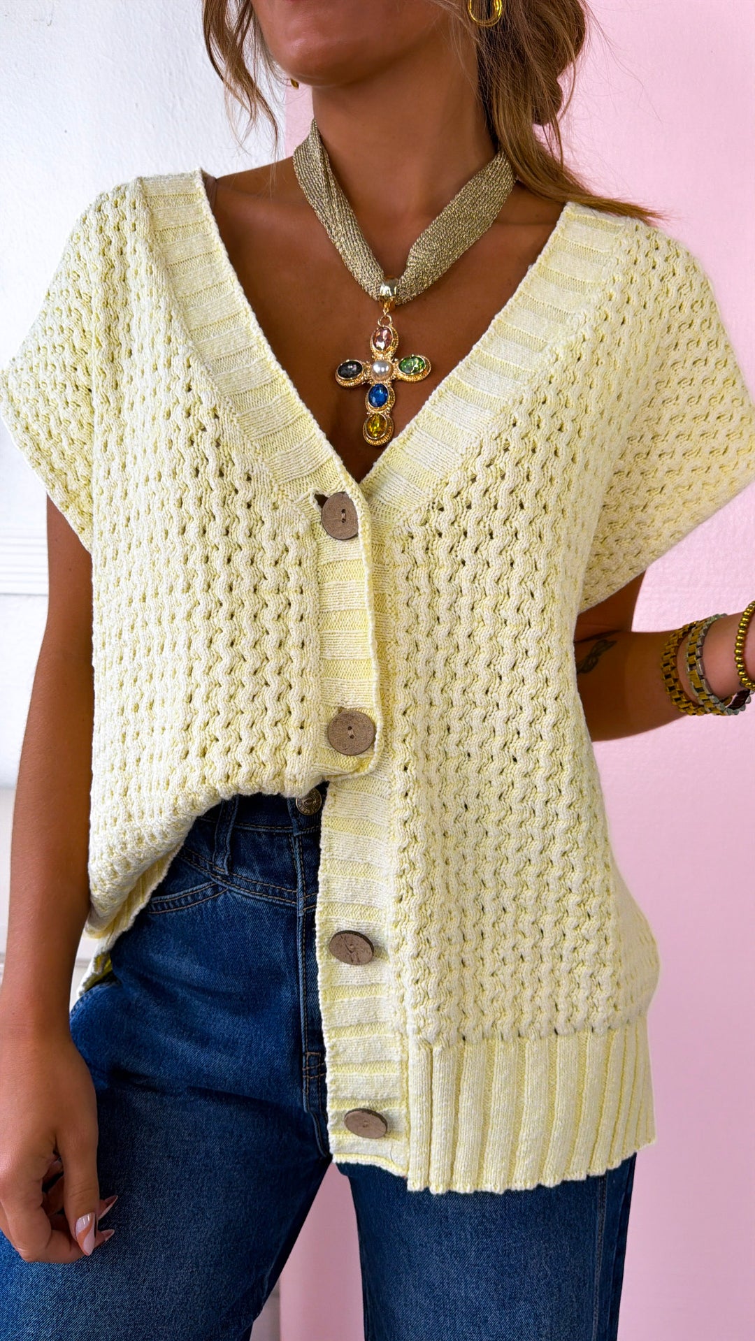Collins Button Sweater Vest, Lt. Lemon