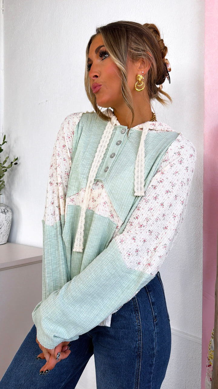 Camille Floral Long Sleeve Top, Sage/Natural