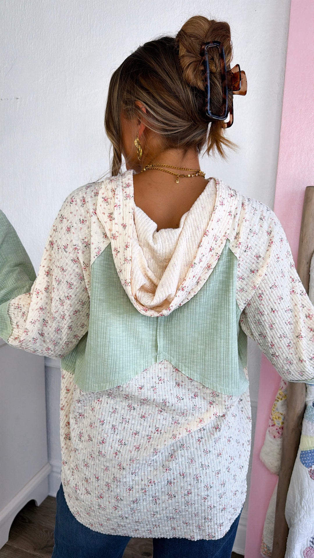 Camille Floral Long Sleeve Top, Sage/Natural