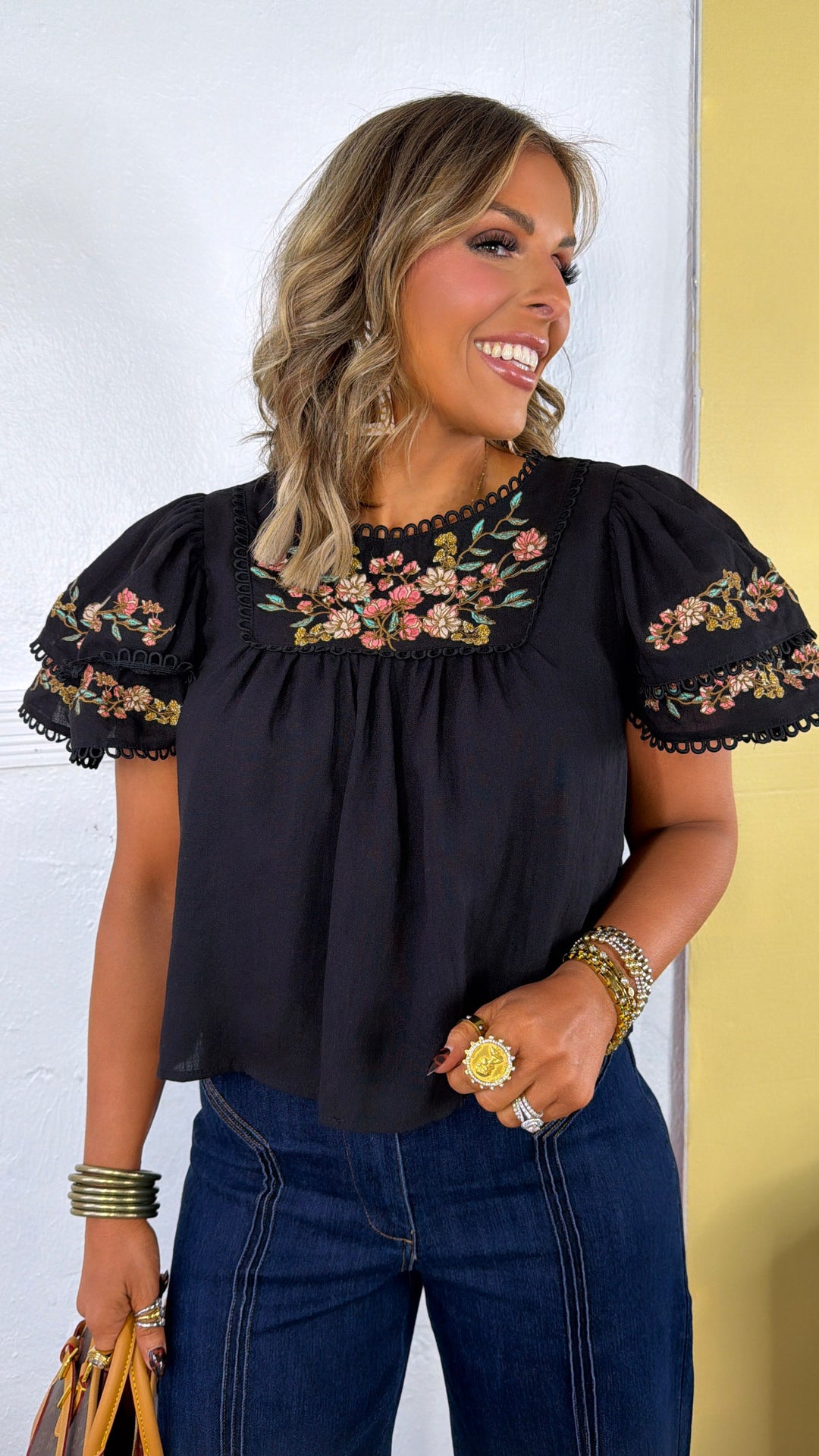 Sweet As Can Be Floral Embroidered Ruffle Sleeve Top, Black
