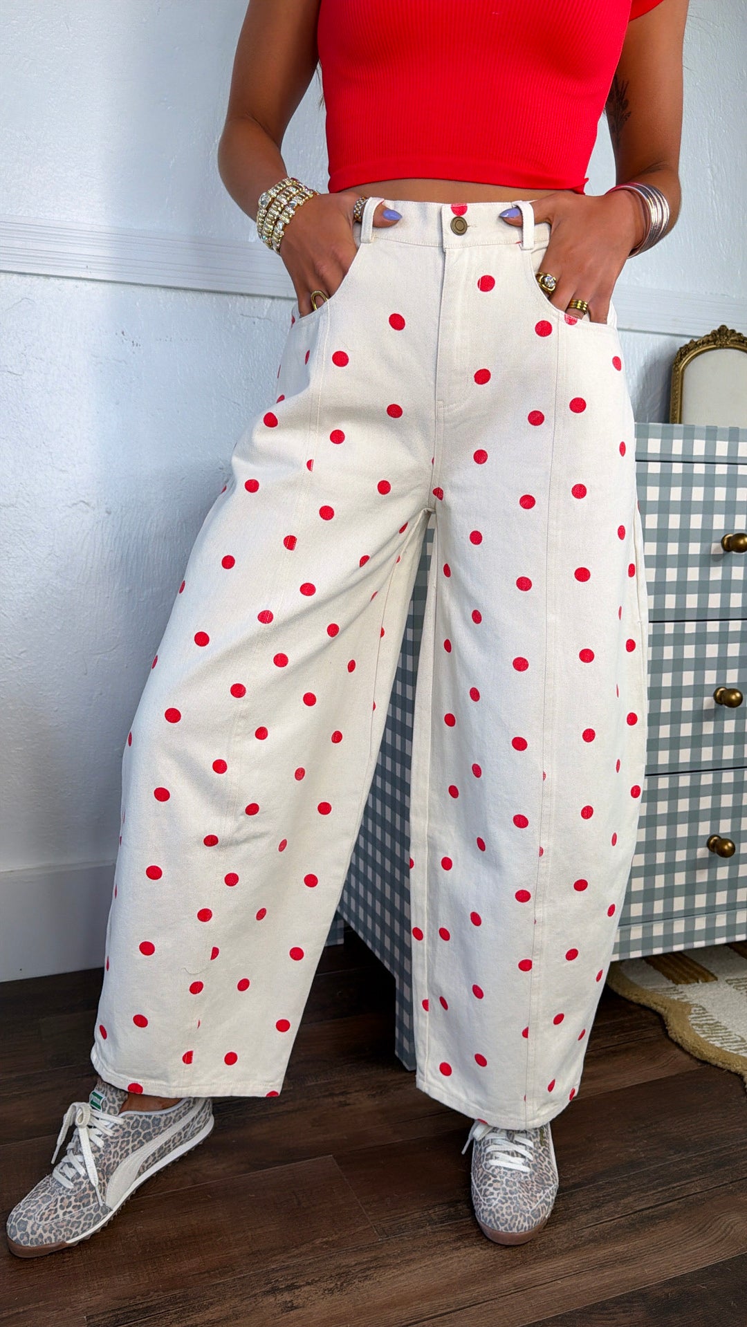 Polka Dot Princess Barrel Pant, Cream/ Red