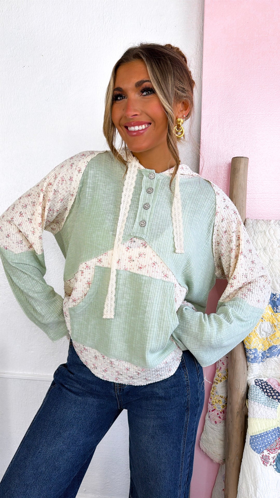 Camille Floral Long Sleeve Top, Sage/Natural