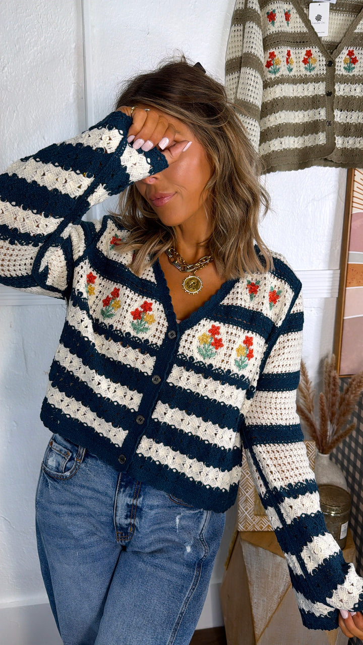 Flower Sprout Knit Cardigan, Navy Multi