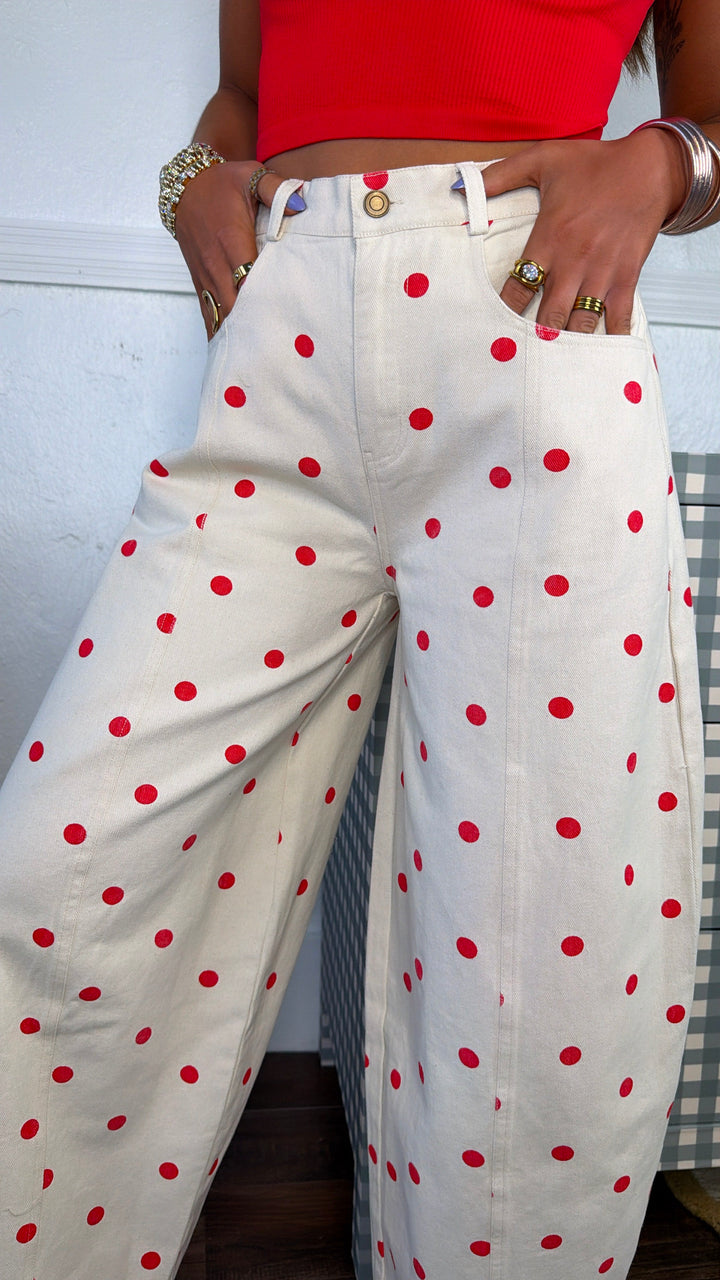 Polka Dot Princess Barrel Pant, Cream/ Red