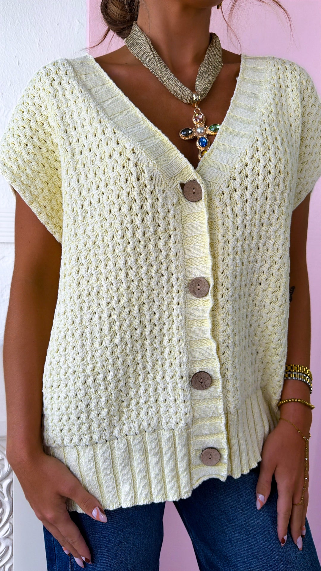 Collins Button Sweater Vest, Lt. Lemon