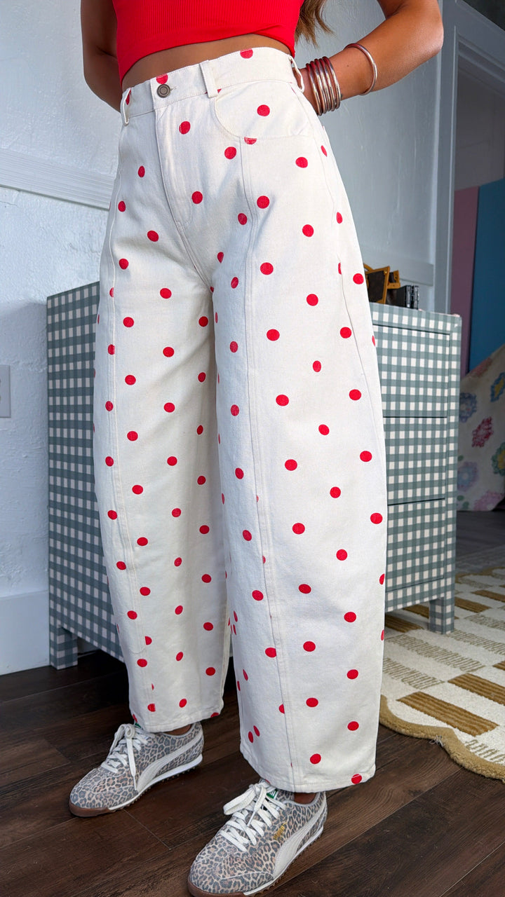 Polka Dot Princess Barrel Pant, Cream/ Red