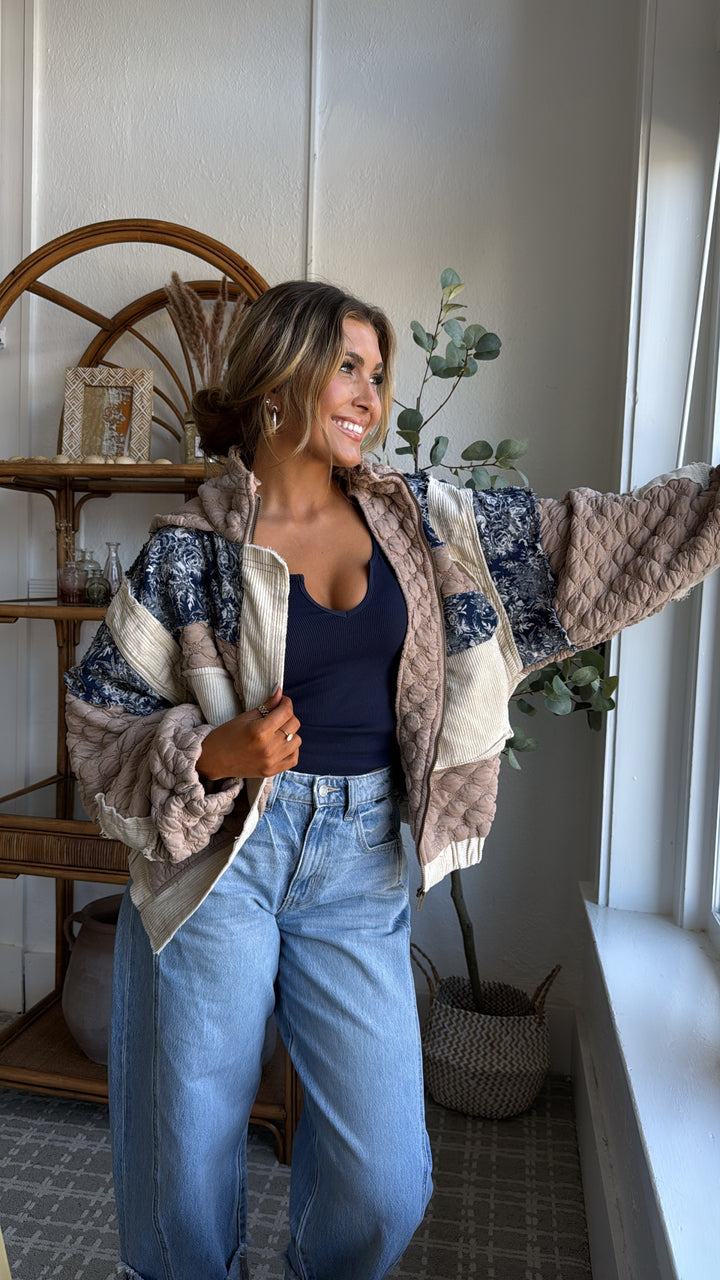 Now Trending Oversized Contrast Quilted Jacket, Tan/Denim Blue