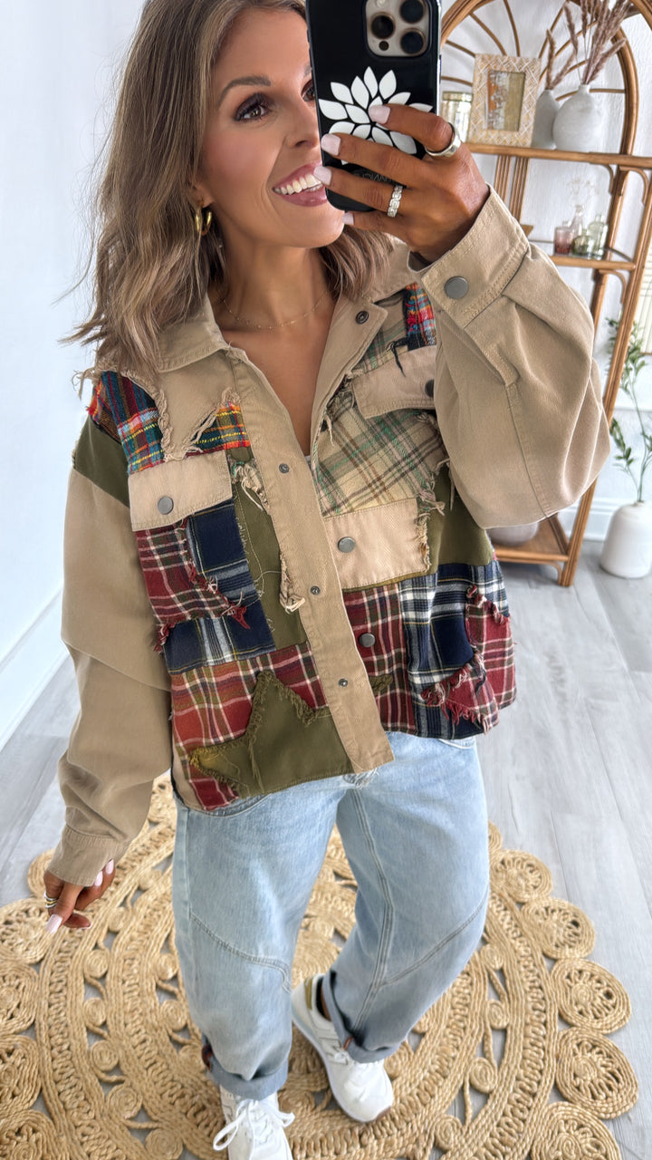 Care Free Plaid Patch Button Down Jacket, Khaki