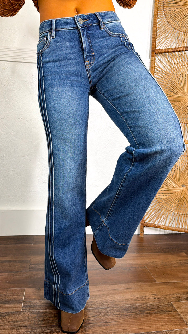 Ryan Pintuck Flare Jeans, Medium Dark