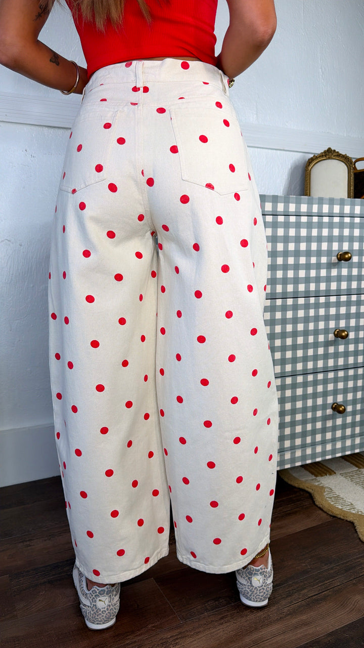 Polka Dot Princess Barrel Pant, Cream/ Red