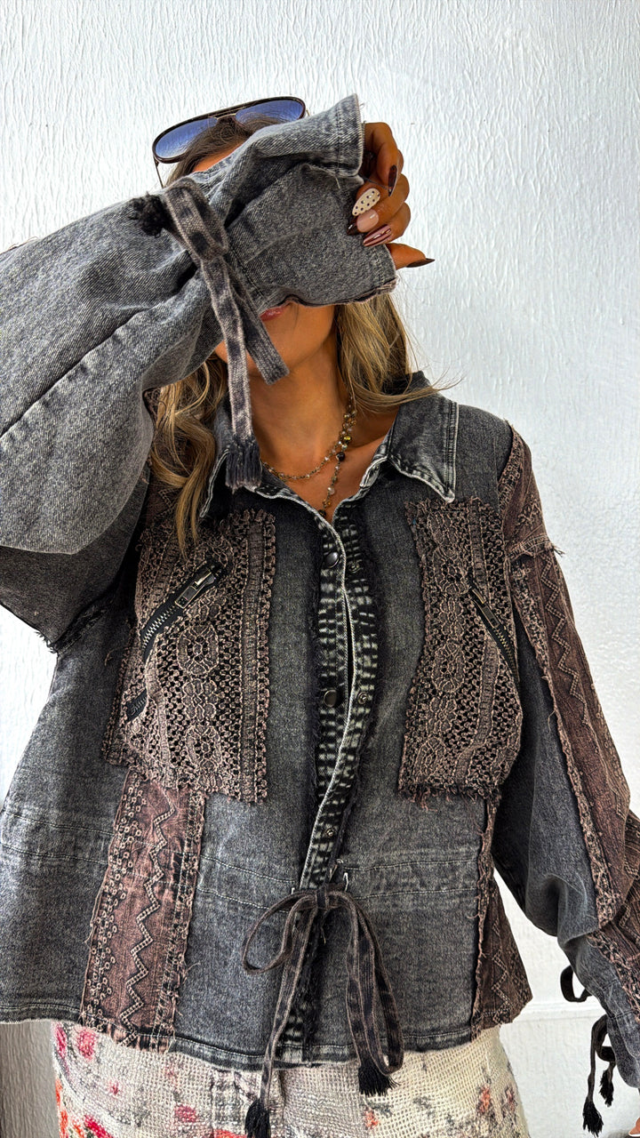Washed Lace Utility Jacket, Black