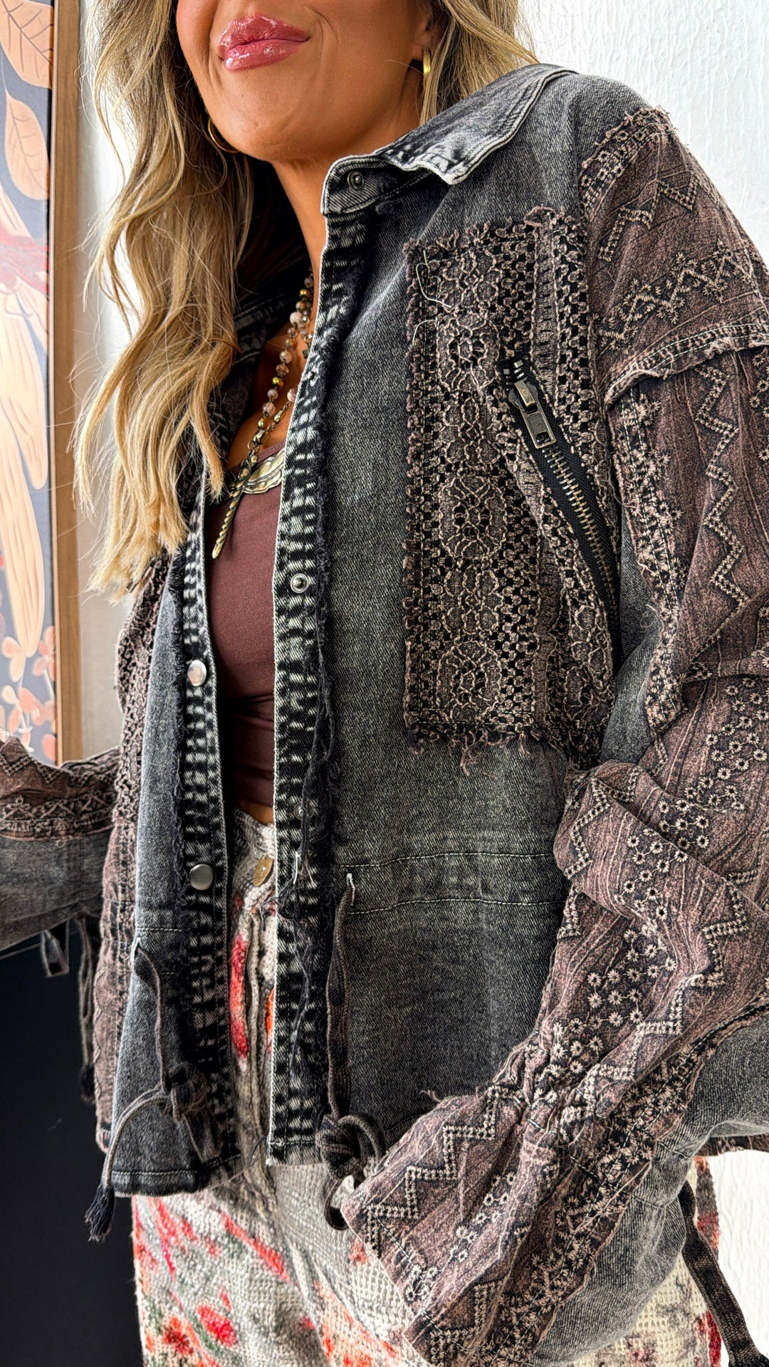 Washed Lace Utility Jacket, Black