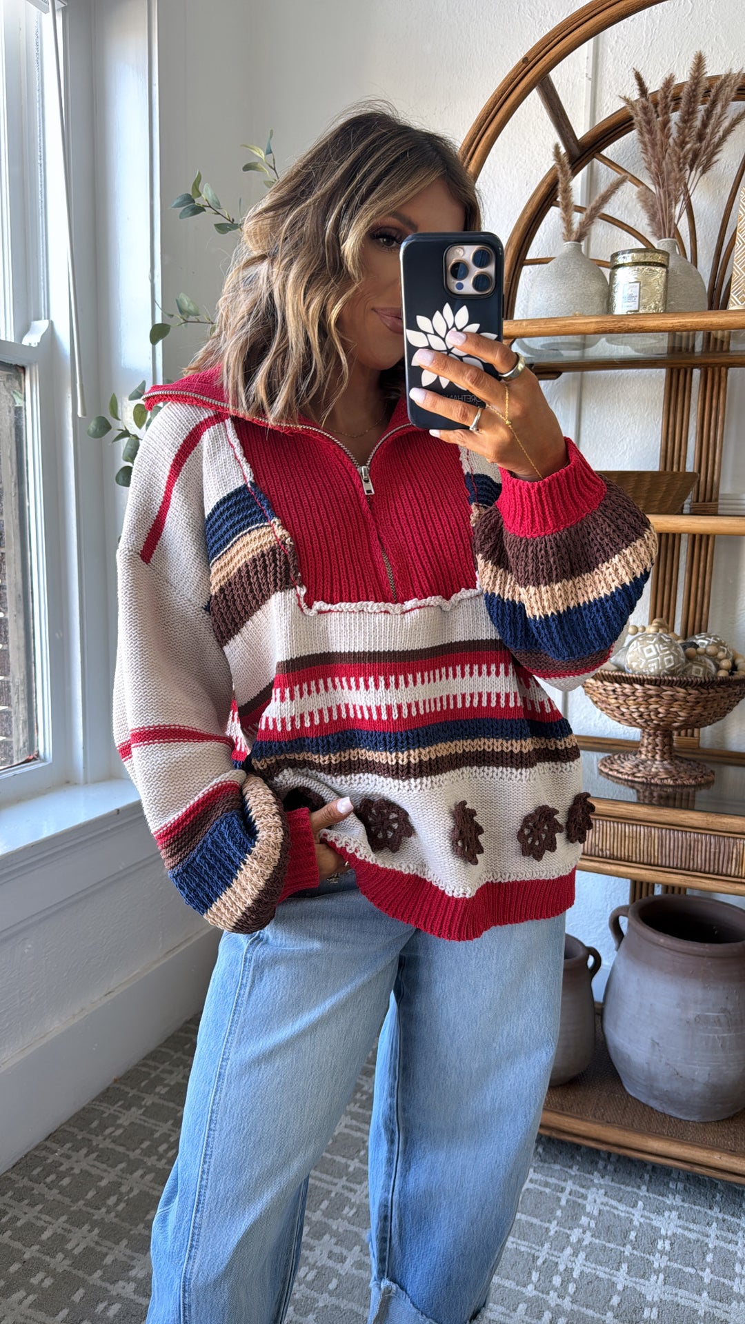 The Cabin Half Zip, Sand/Red Multi