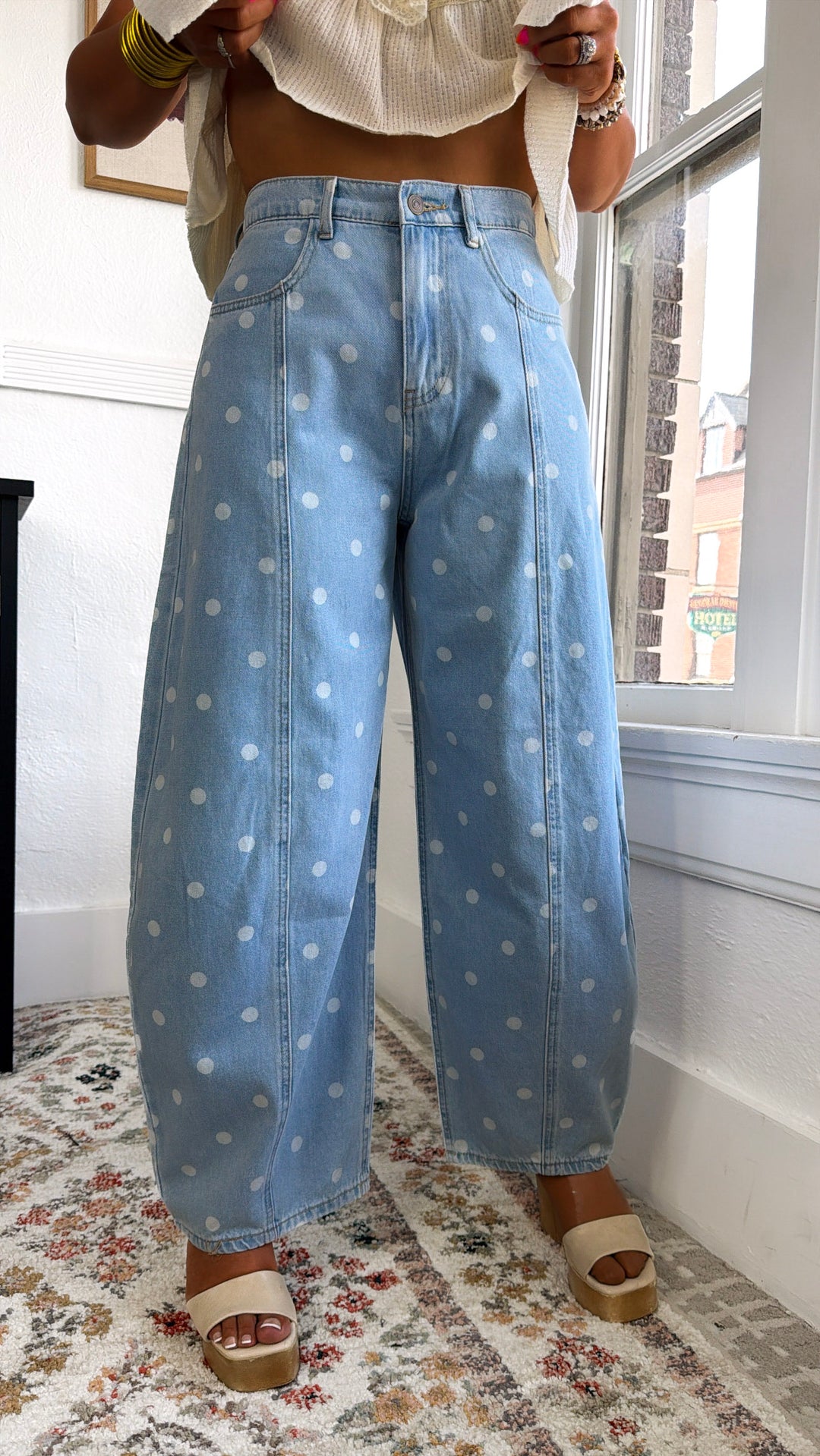 Washed Polka Dot Barrel Jeans, Lt. Denim
