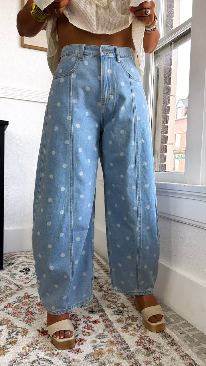 Washed Polka Dot Barrel Jeans, Lt. Denim