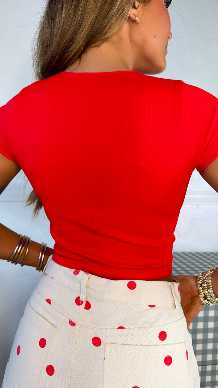 Ribbed Cropped Baby Tee, Pure Red