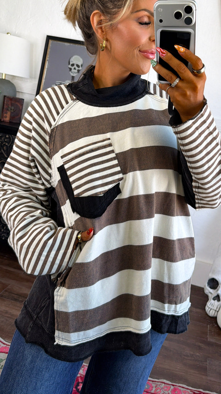 Stripe Pocket Mock Neck, Black/Cream