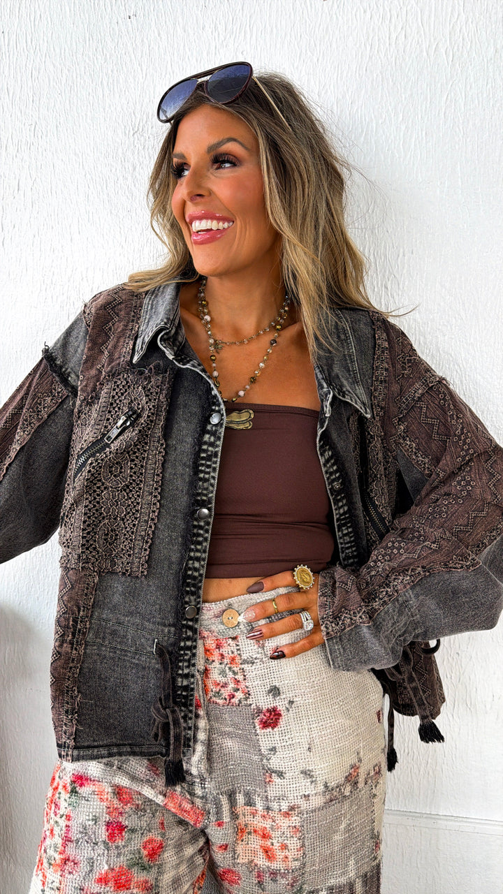 Washed Lace Utility Jacket, Black