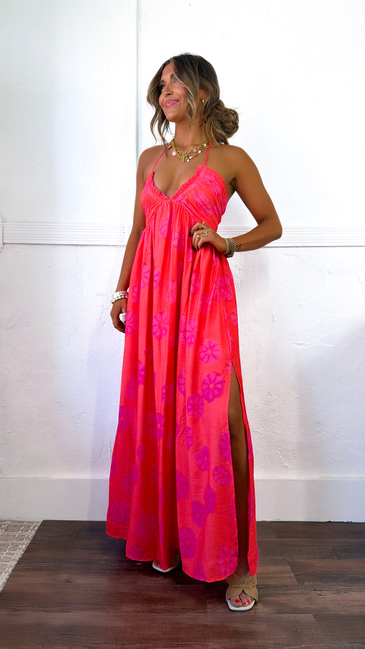 Panama Floral Halter Neck Dress, Red Orange