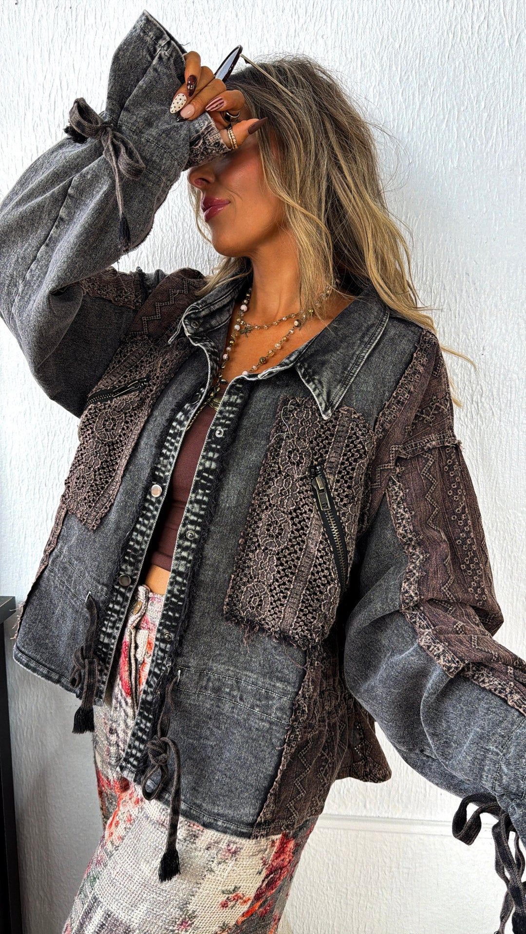 Washed Lace Utility Jacket, Black