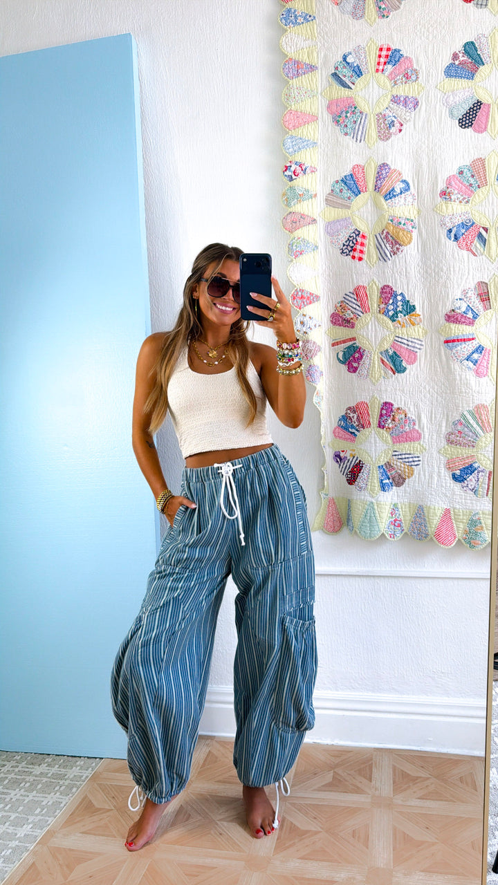 Denim Stripe Parachute Pants, Lt. Denim