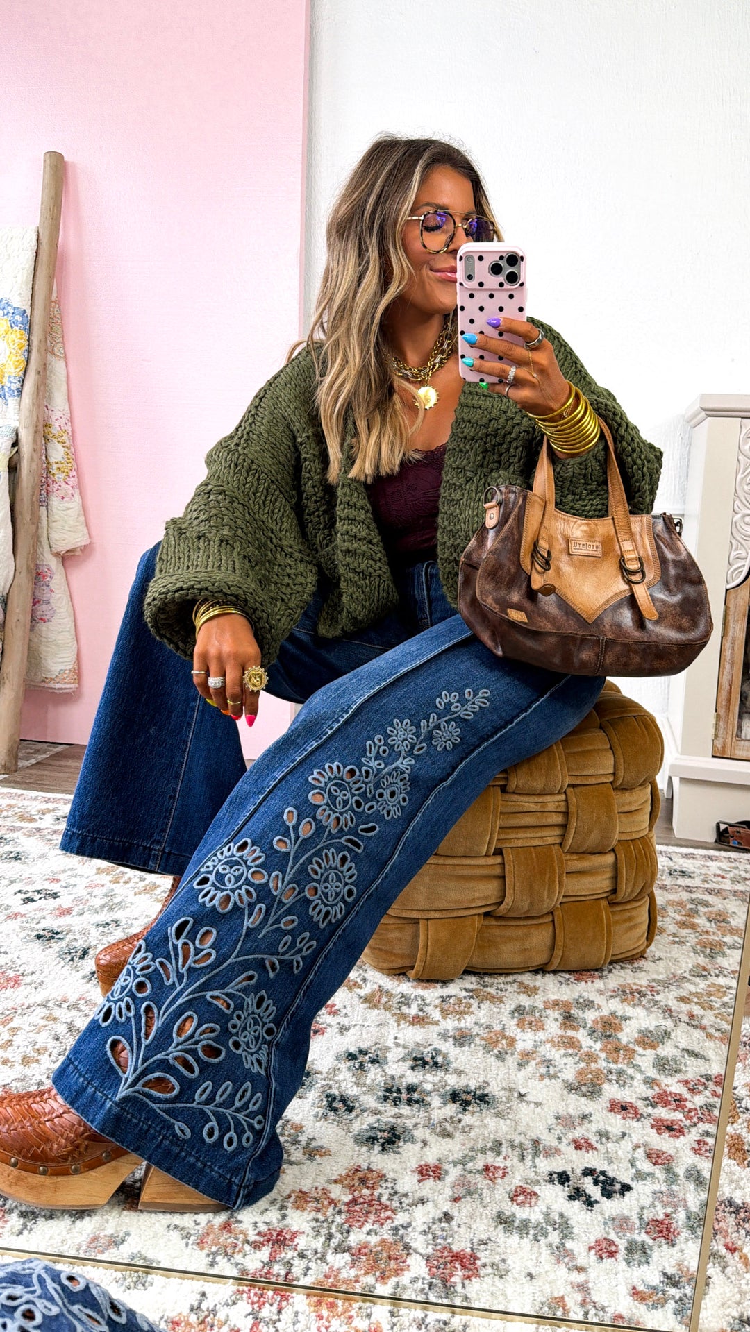 Wildflower Stitch Wide Leg Denim, Md. Dark