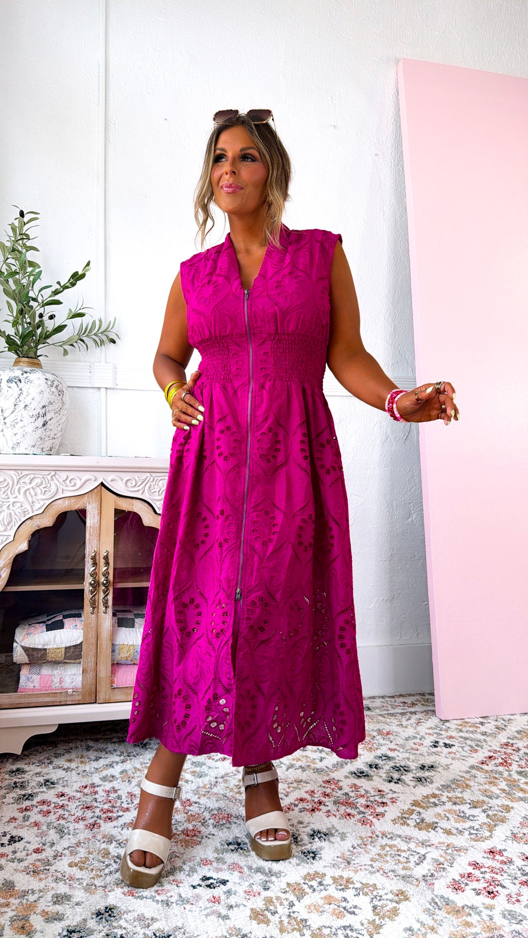 Eyelet Zip Up Dress, Magenta