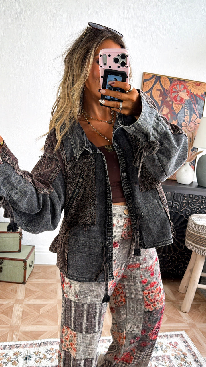 Washed Lace Utility Jacket, Black