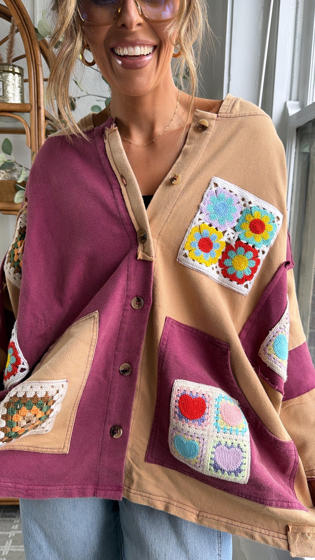 Patchwork Muse Button Up, Wine/Multi