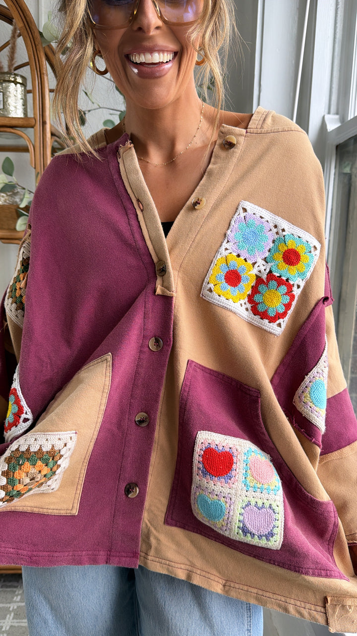 Patchwork Muse Button Up, Wine/Multi