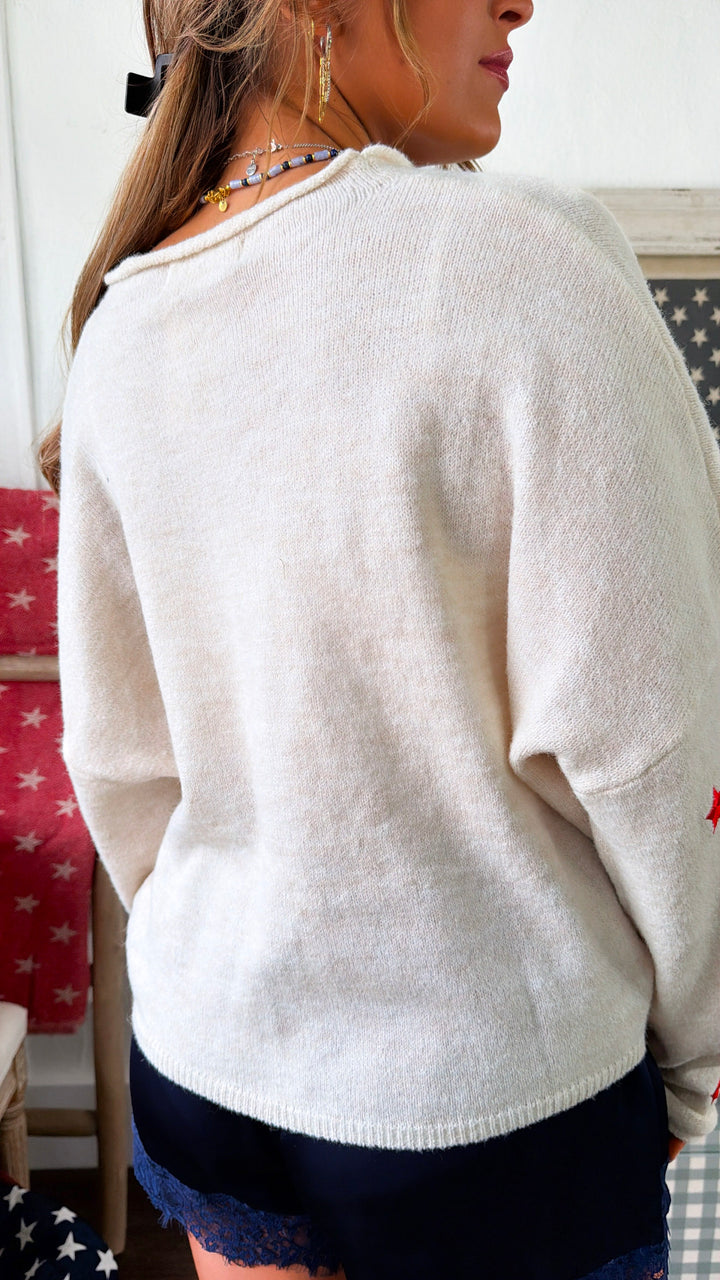 Star Shot Knit Cardigan, Red/Cream