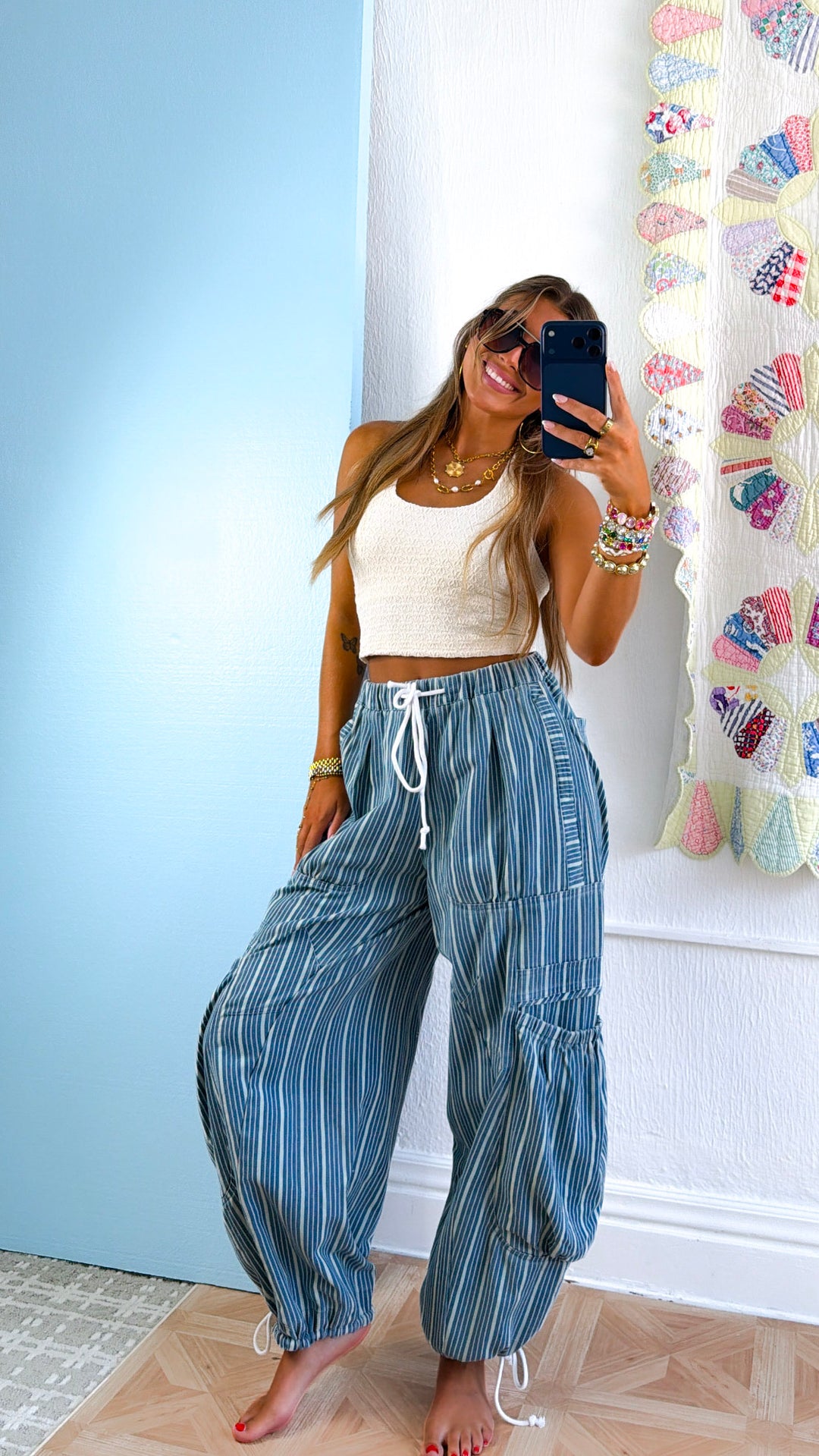 Denim Stripe Parachute Pants, Lt. Denim