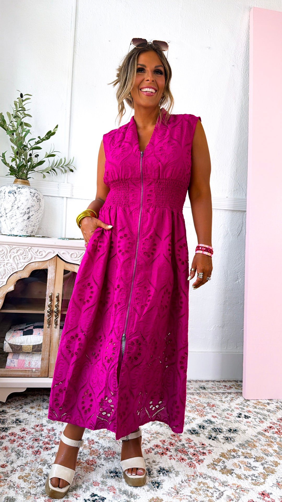 Eyelet Zip Up Dress, Magenta
