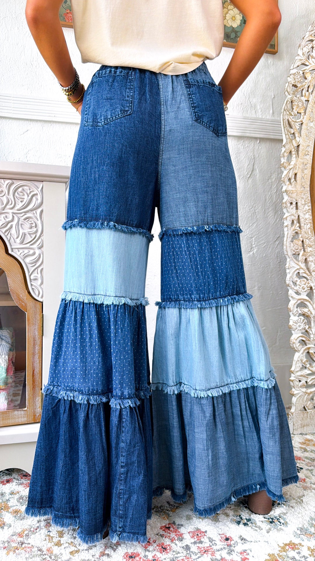 Denim Flare Tiered Pants, Denim Reg.