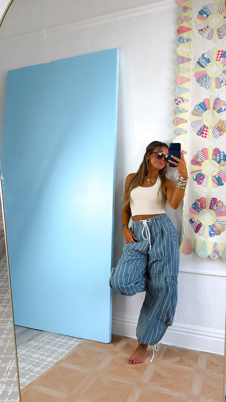 Denim Stripe Parachute Pants, Lt. Denim