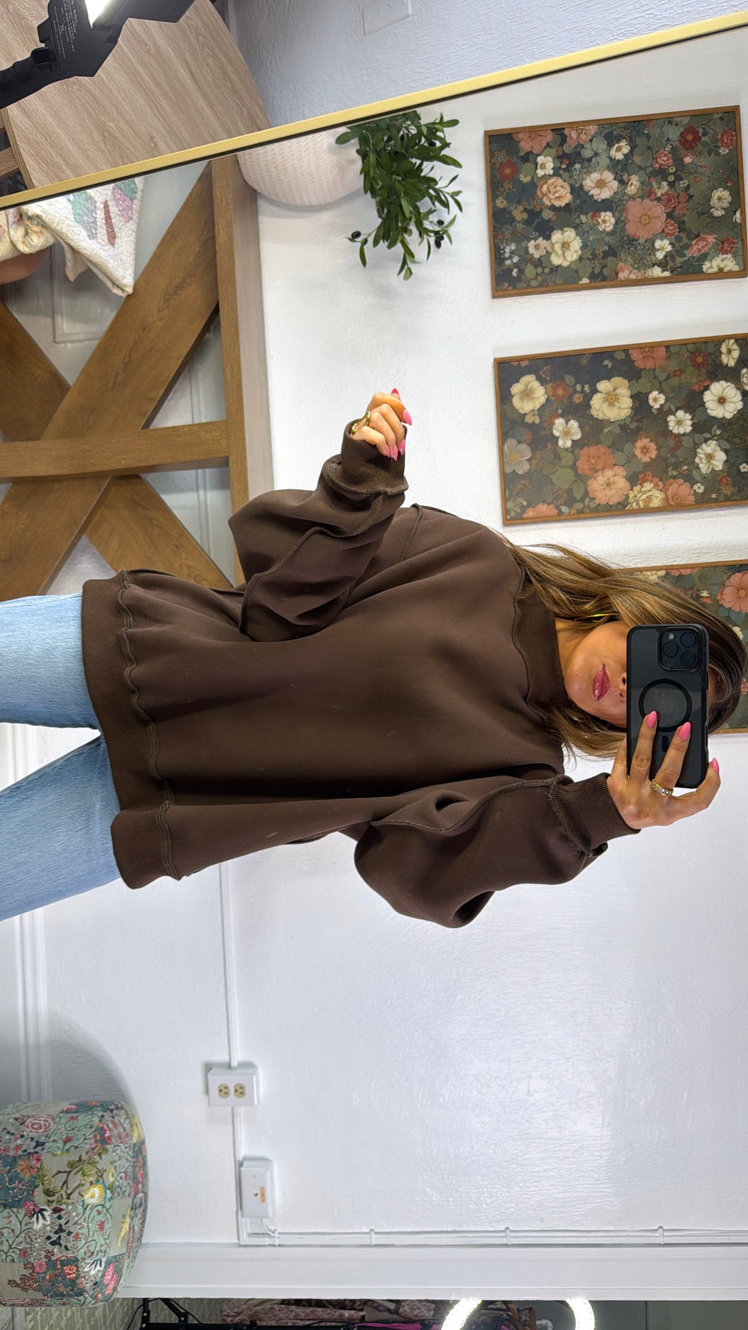 Solid Brown Mock Neck Sweatshirt, Brown