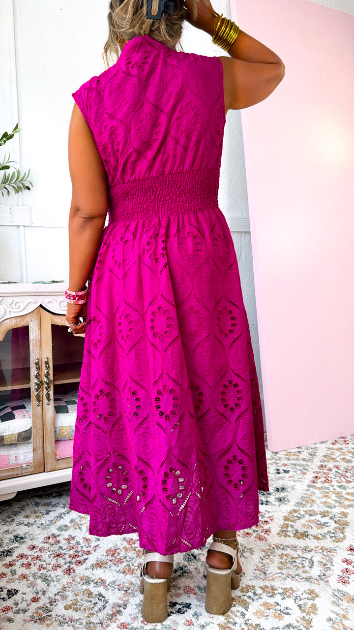 Eyelet Zip Up Dress, Magenta