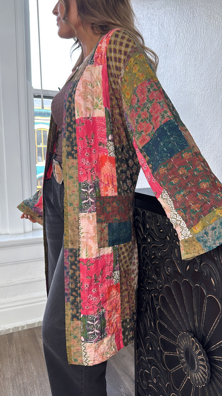 Laguna Mist Patchwork Duster Cardigan, Taupe/Pink/Multi