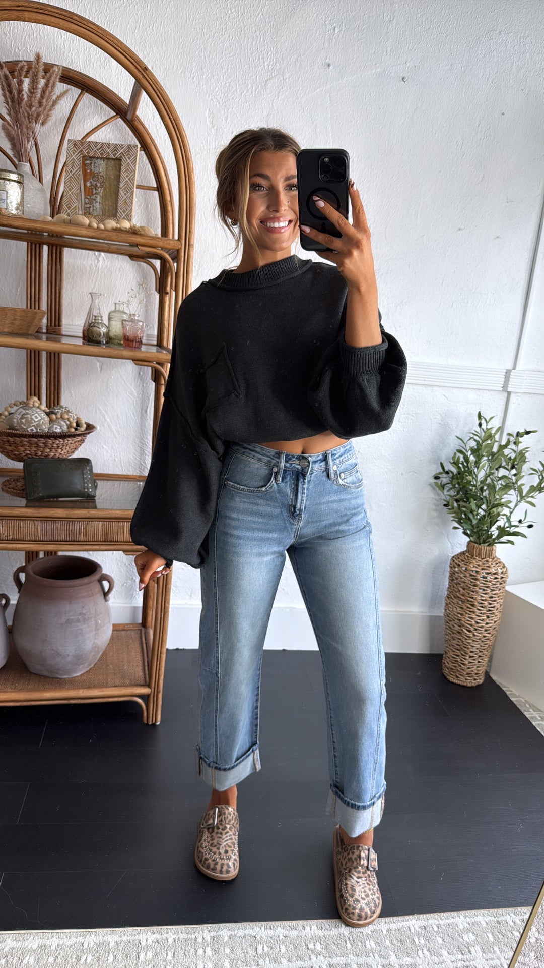 Elevated Basic Balloon Sleeve Sweater, Grey/Black