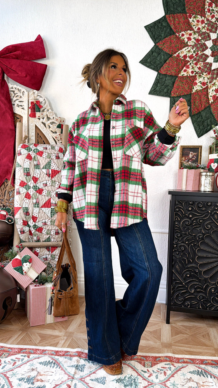All Season Long Sleeve Plaid Button Down Top, Red/Green