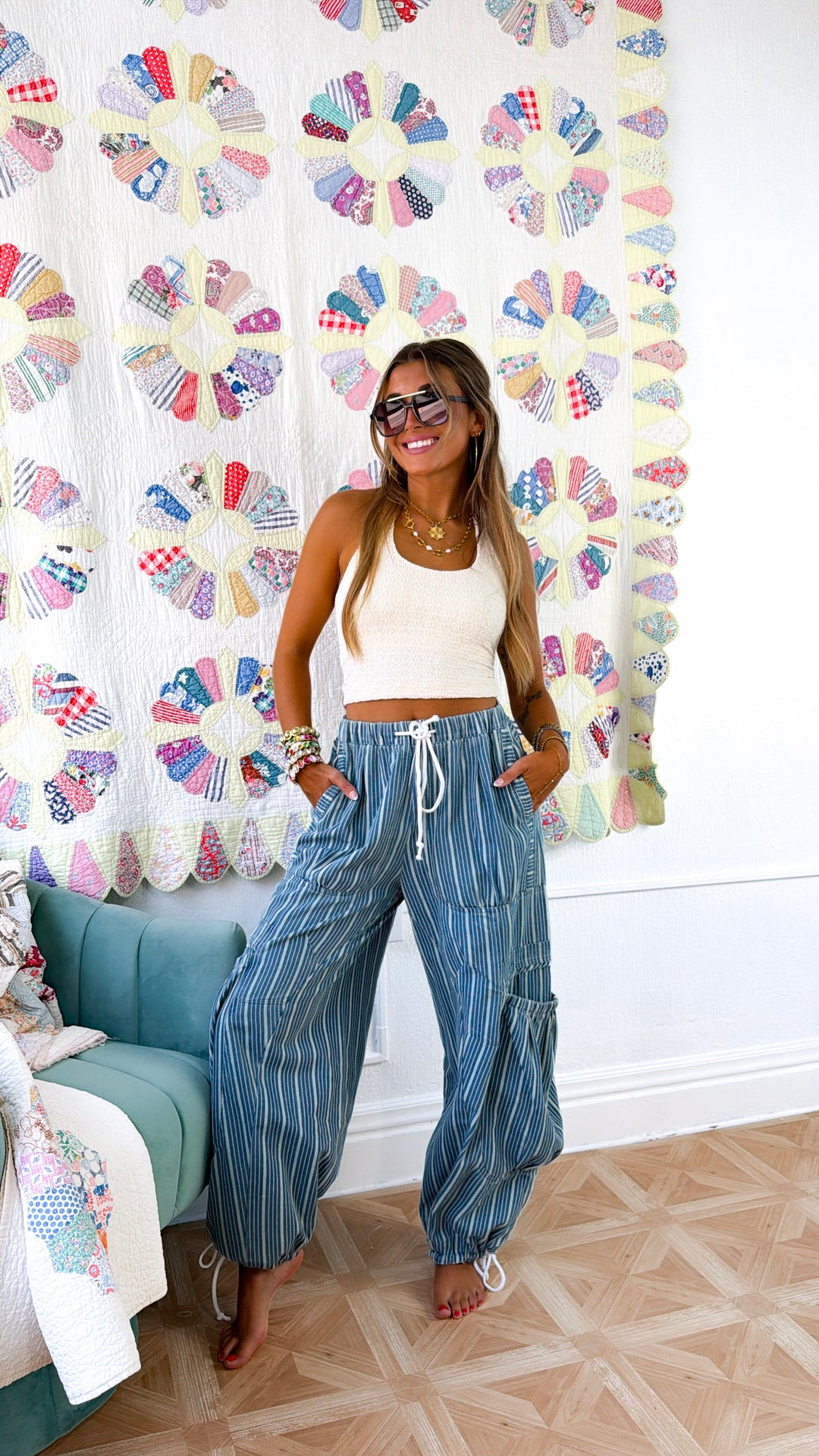 Denim Stripe Parachute Pants, Lt. Denim