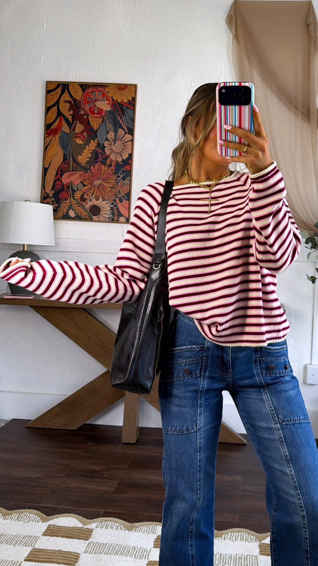 Dakota Stripe Sweater, Burgundy/Pink