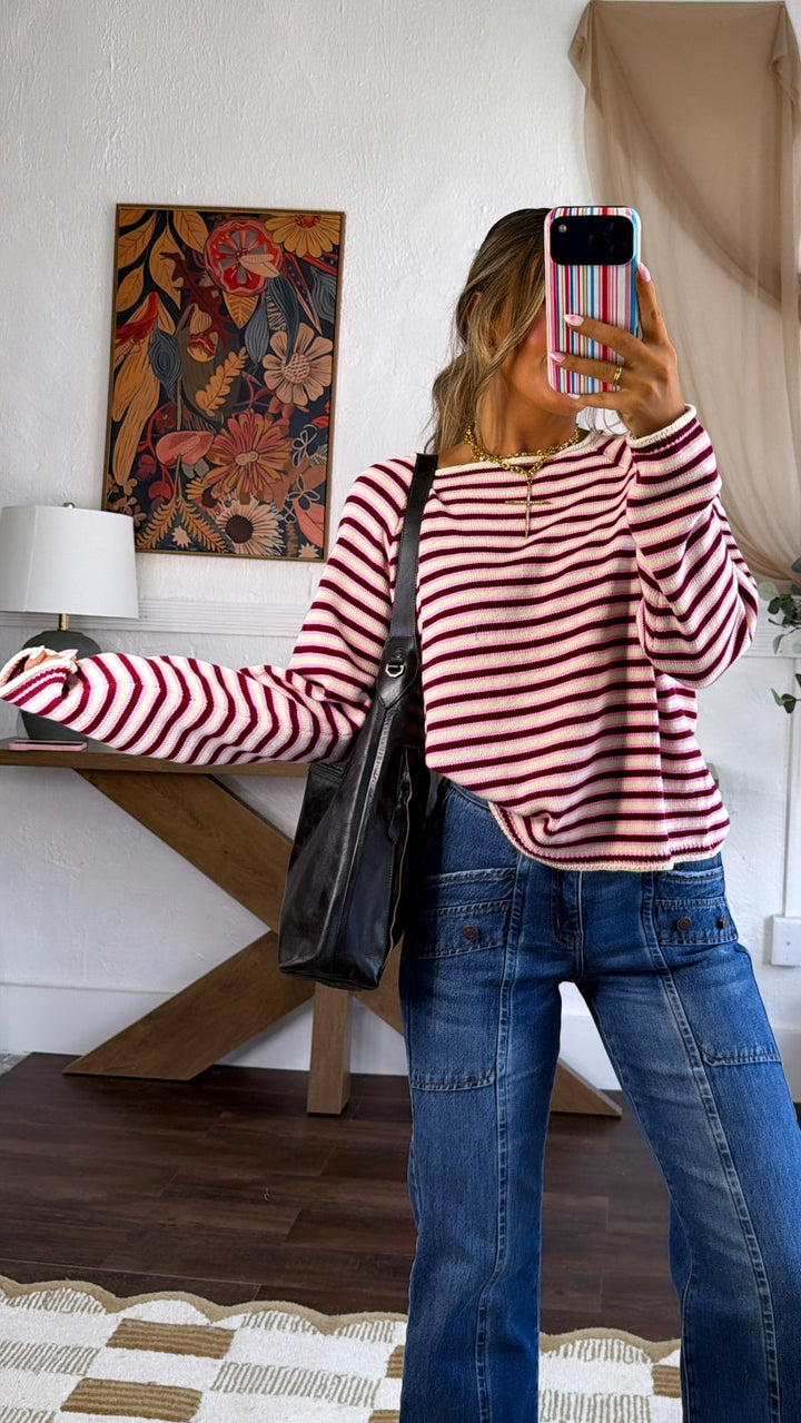 Dakota Stripe Sweater, Burgundy/Pink