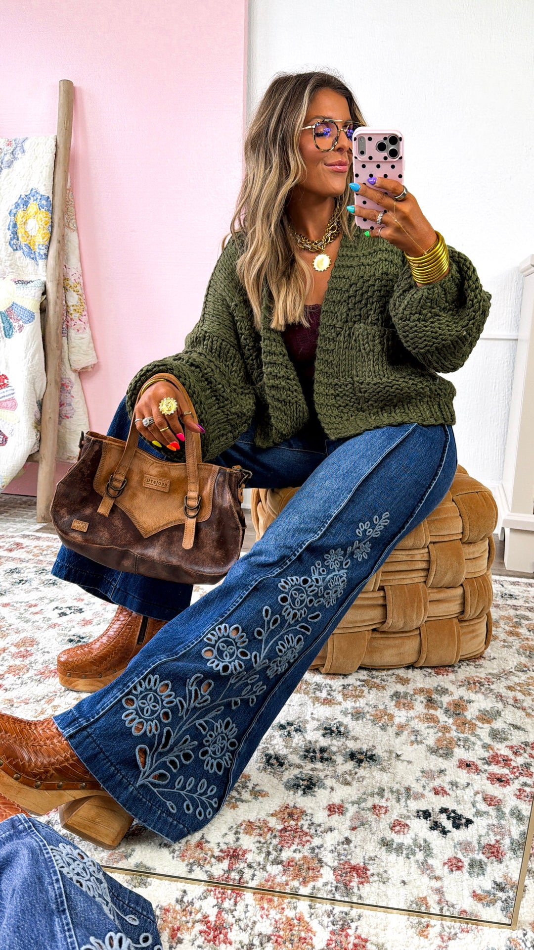 Wildflower Stitch Wide Leg Denim, Md. Dark