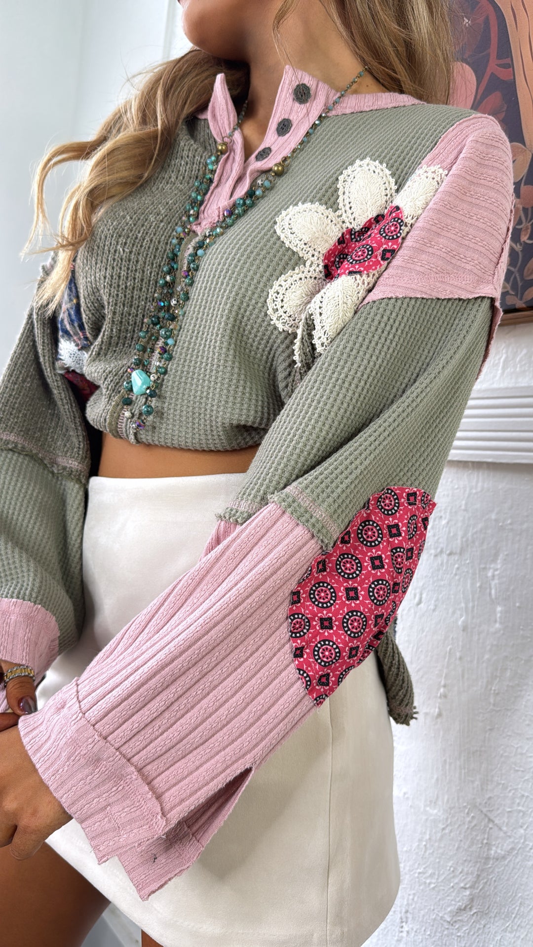 Sweet Impression Patchwork Long Sleeve Top, Olive Multi