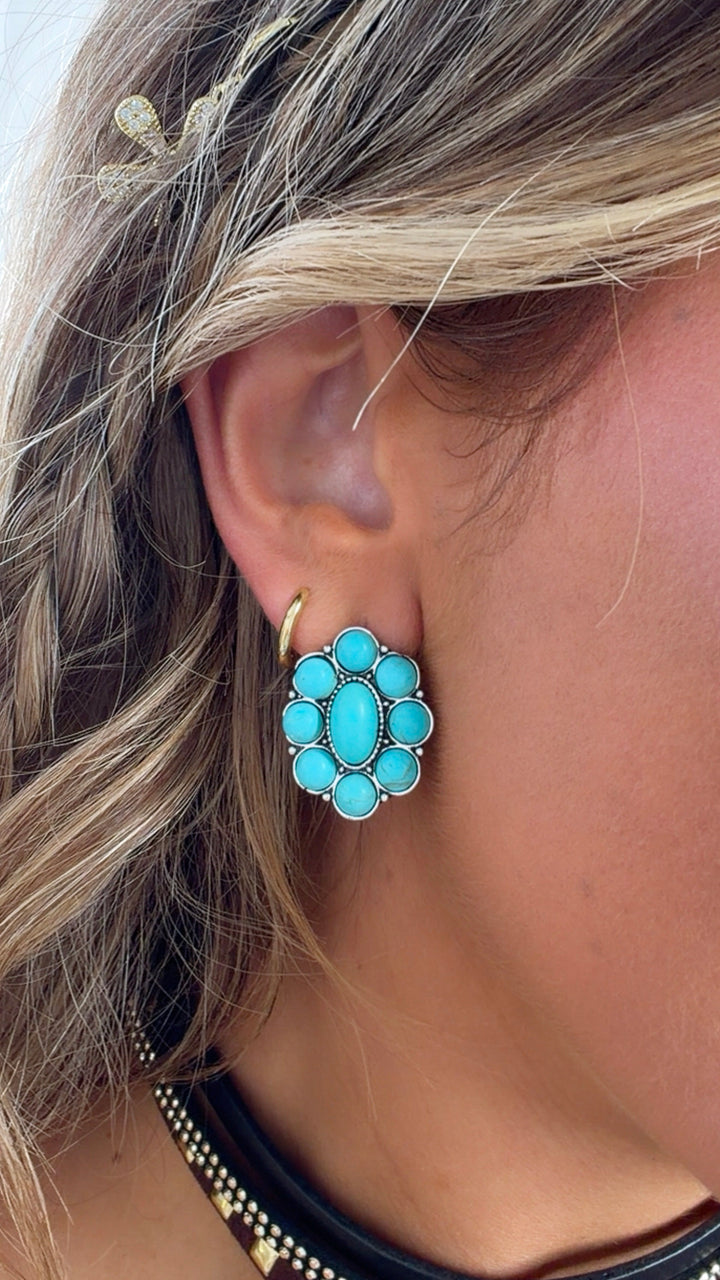 Metal Tone Flower Earring, Turquoise