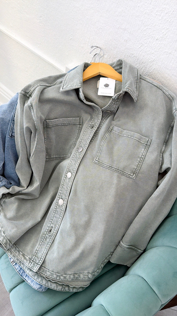 Washed Oversized Shacket, Sage